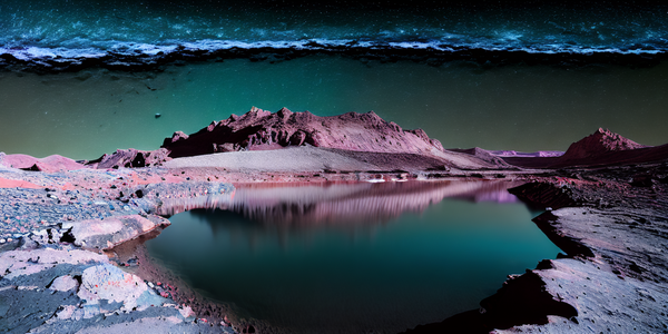 High-contrast photograph of a mountain valley on Mars, space, nebula, rocky, Nikon D850, 80mm, long exposure.